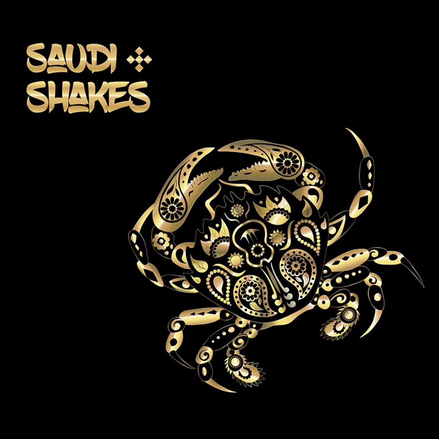 Black album cover featuring gold text “Saudi Shakes” and a detailed crab illustration.