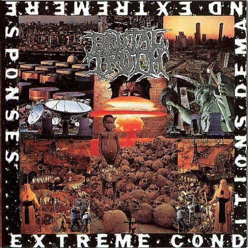 Brutal Truth album cover: dystopian cityscape, skulls, and a central figure.