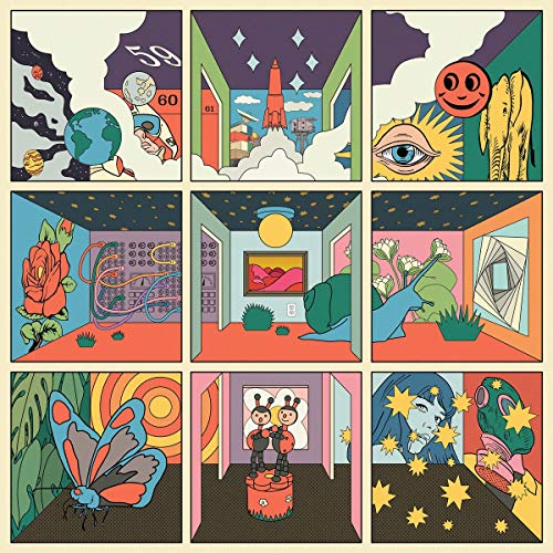 Nine-panel album cover with surreal, colorful illustrations of space and nature.