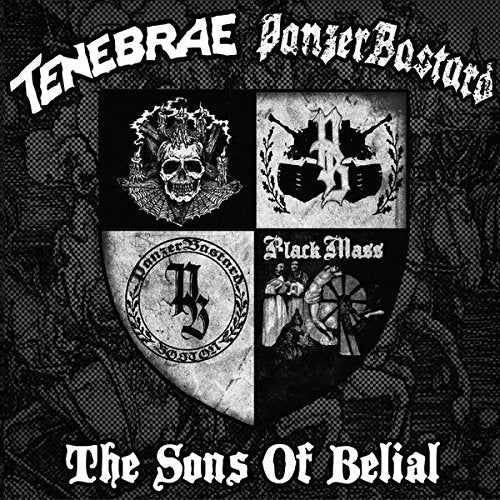 Album cover for "Sons Of Belial" with dark imagery and band names.