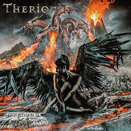 Album cover: multi-headed serpent, winged figure, volcanic landscape, dark fantasy.