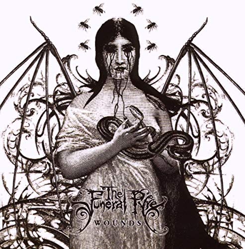 Black and white illustration of a woman with bees and a snake.