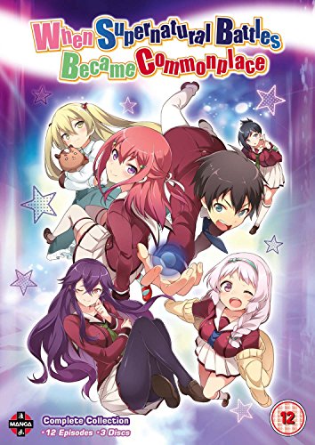 Anime DVD cover featuring five cartoon characters with supernatural powers against a purple background.