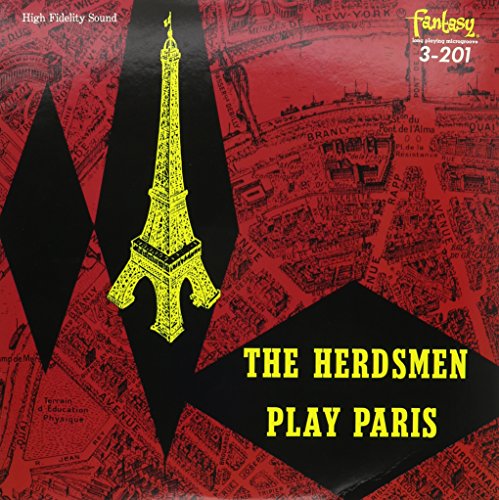 Vinyl record cover: yellow Eiffel Tower on red and black map background.