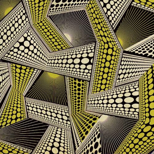 Geometric pattern of black, yellow, and white with circular elements.