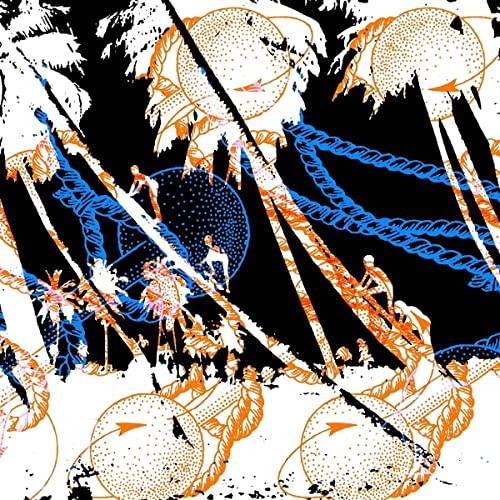 Abstract black and white illustration with orange and blue graphic elements.