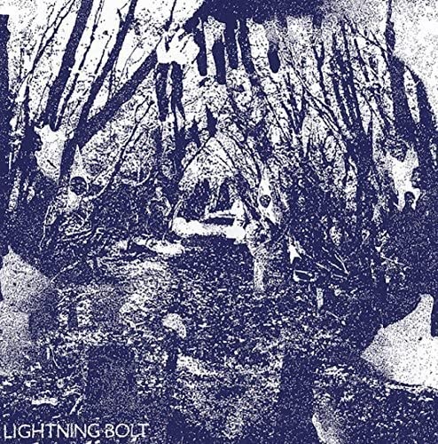 Dark, abstract forest scene with a lightning bolt shape and band name.