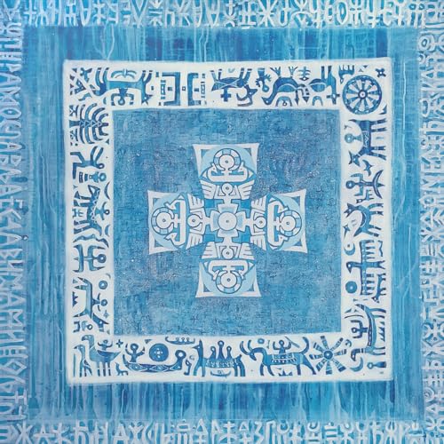 Blue vinyl record cover with intricate white geometric and animal designs.