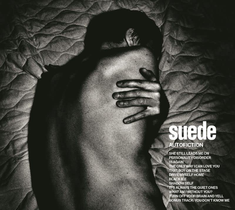 Black and white album cover for Suede’s “Autofiction” with a shadowed figure.