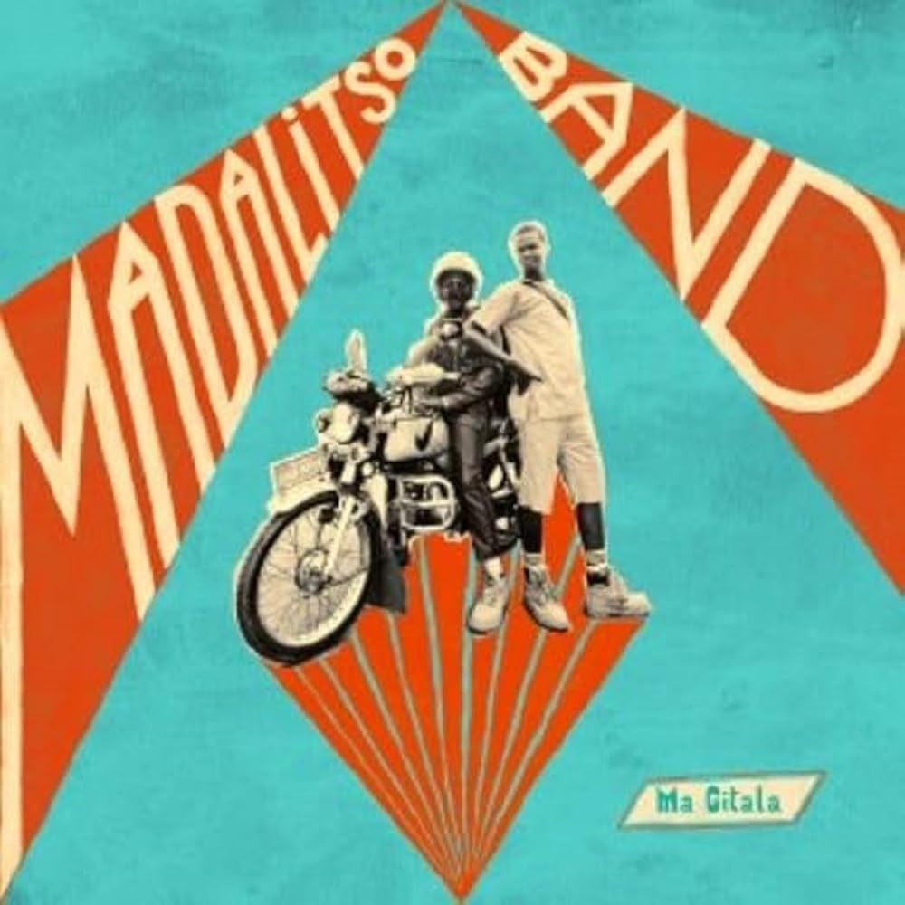 Men with a motorcycle on a teal and orange geometric background.
