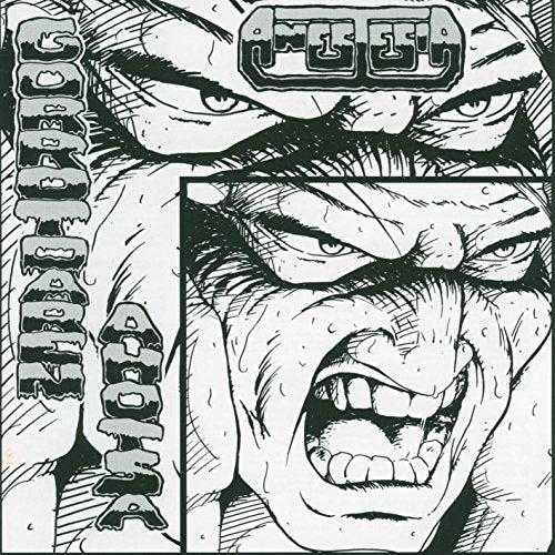 Black and white vinyl record cover with an angry, illustrated face.