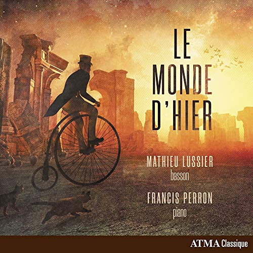 CD cover: Man on high-wheel bicycle in front of ruins.