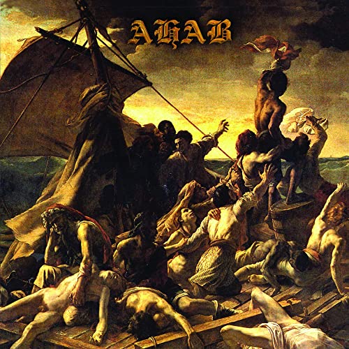 Painting of a ship with figures struggling in stormy seas.