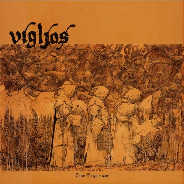 Sepia-toned album cover with hooded figures and chaotic, swirling imagery.
