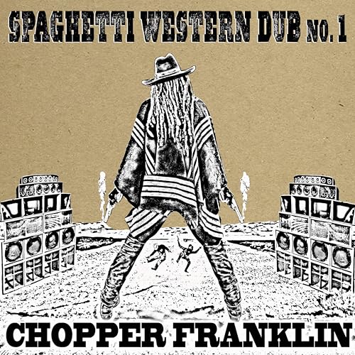Black and white illustration of a cowboy facing two speaker stacks.