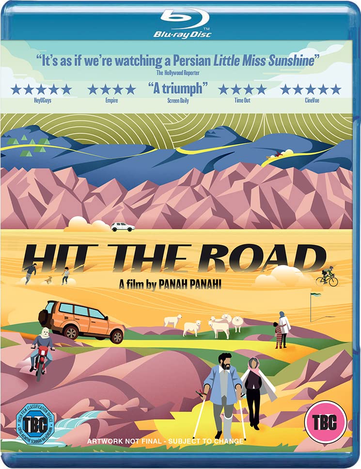 Hit The Road" Blu-ray cover with illustrated desert landscape and family.