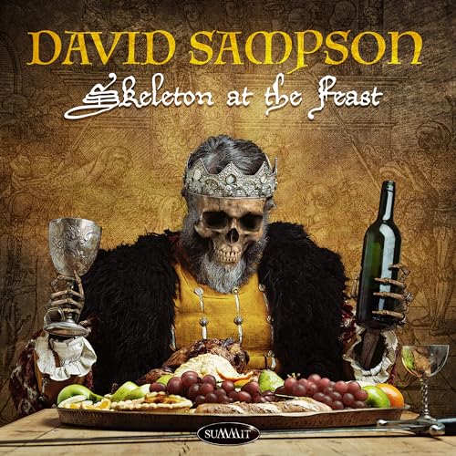 Skeleton wearing a crown at a lavish feast, album cover.