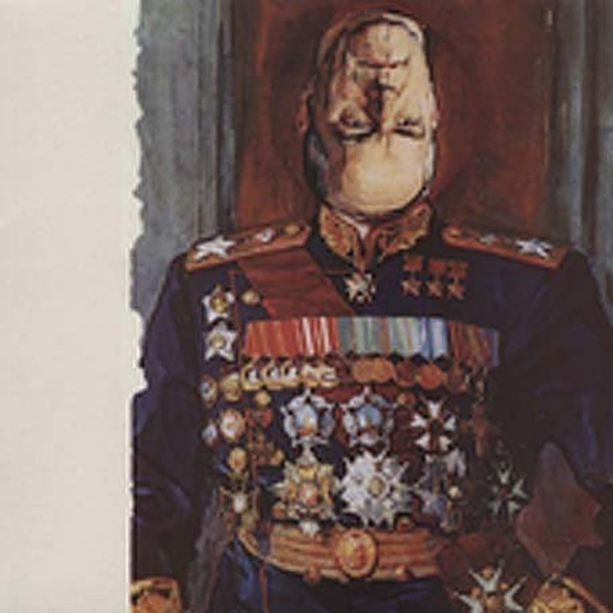 Painted portrait of a military figure with many medals and stars.