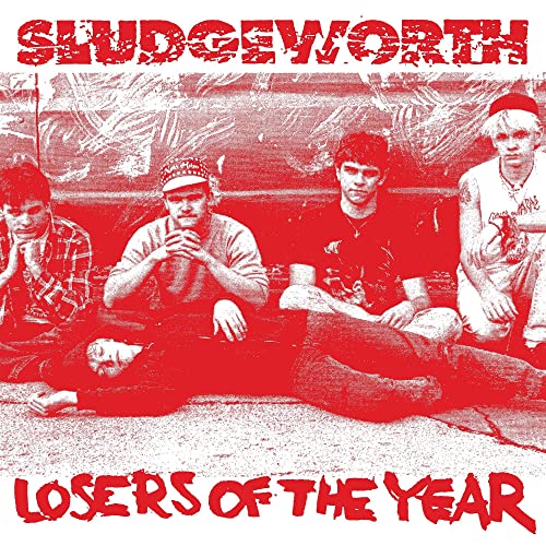 Red and white CD cover featuring four young men sitting together.