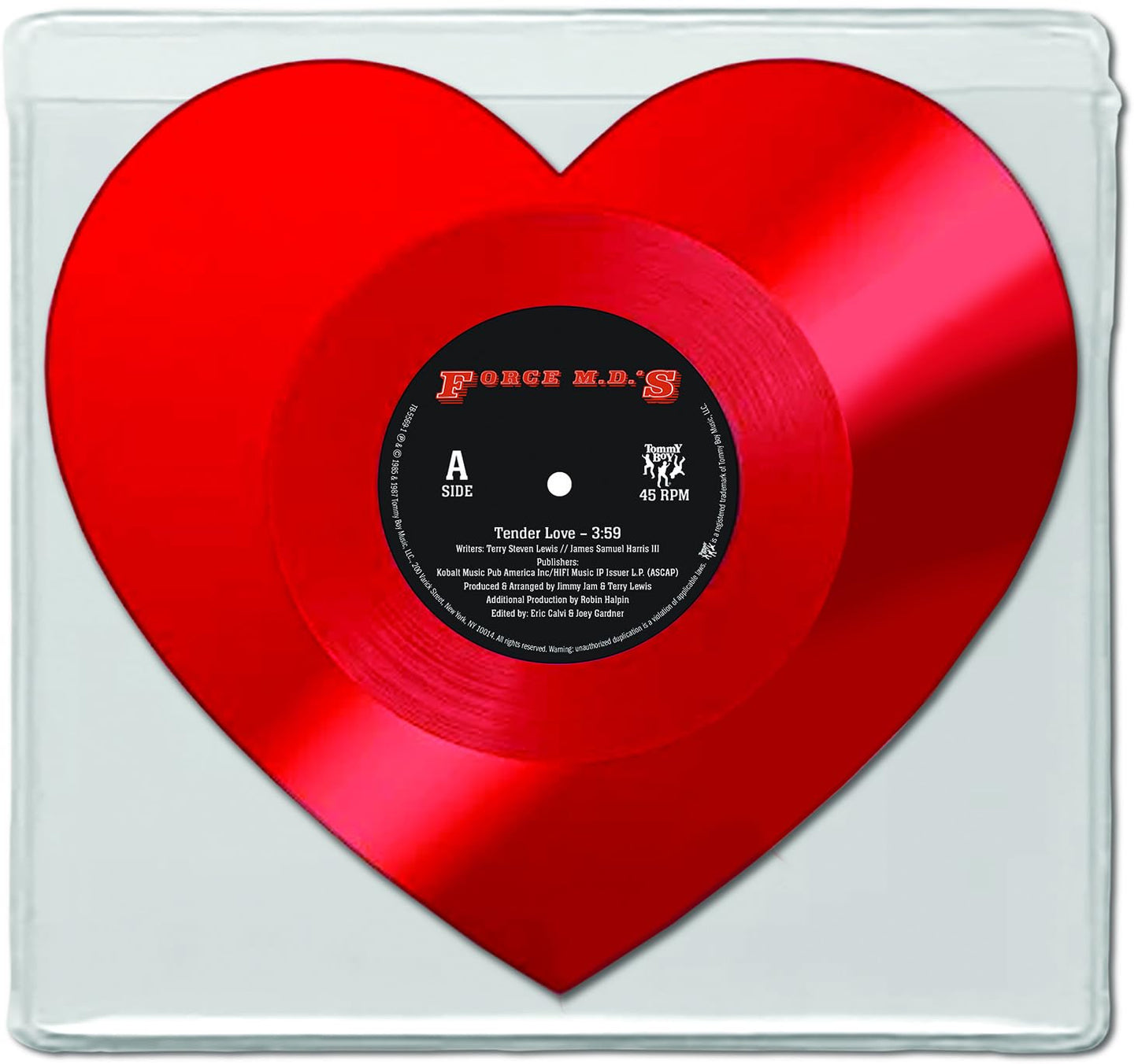 Red vinyl record labeled "Force M.D.S - Tender Love" with heart-shaped center.