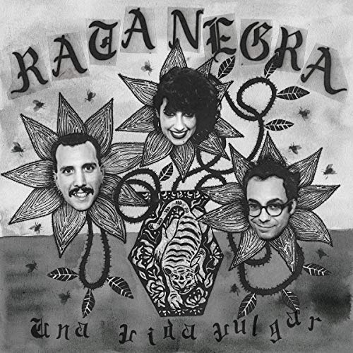 Black and white album cover with three faces as flowers and a tiger.