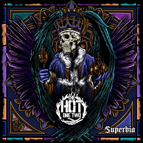 Skeleton king with wings holding lamps, album cover for “Superbia”.