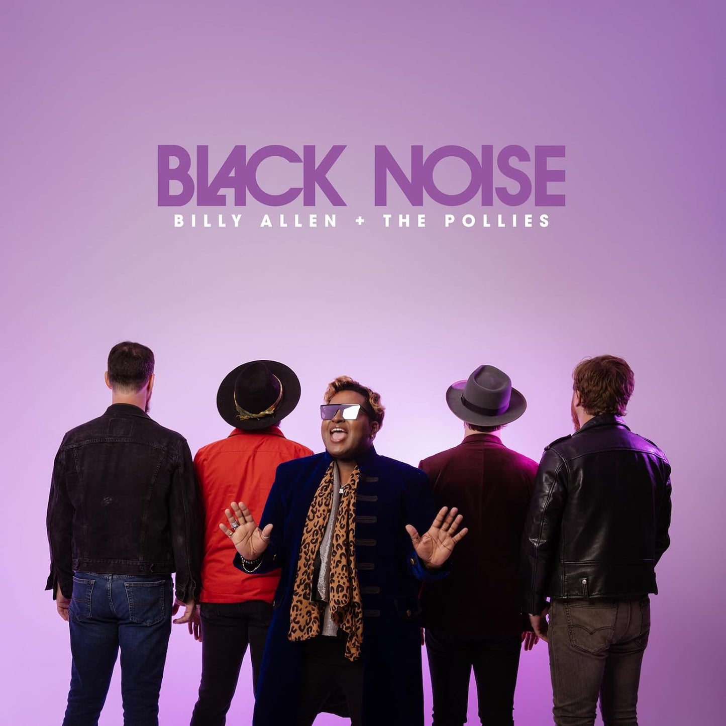 Band of five facing away from viewer, purple background, album art.