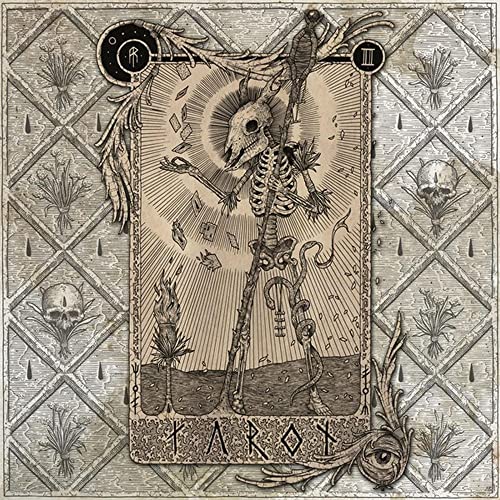 Detailed tarot card illustration featuring a skeletal figure with a raven.