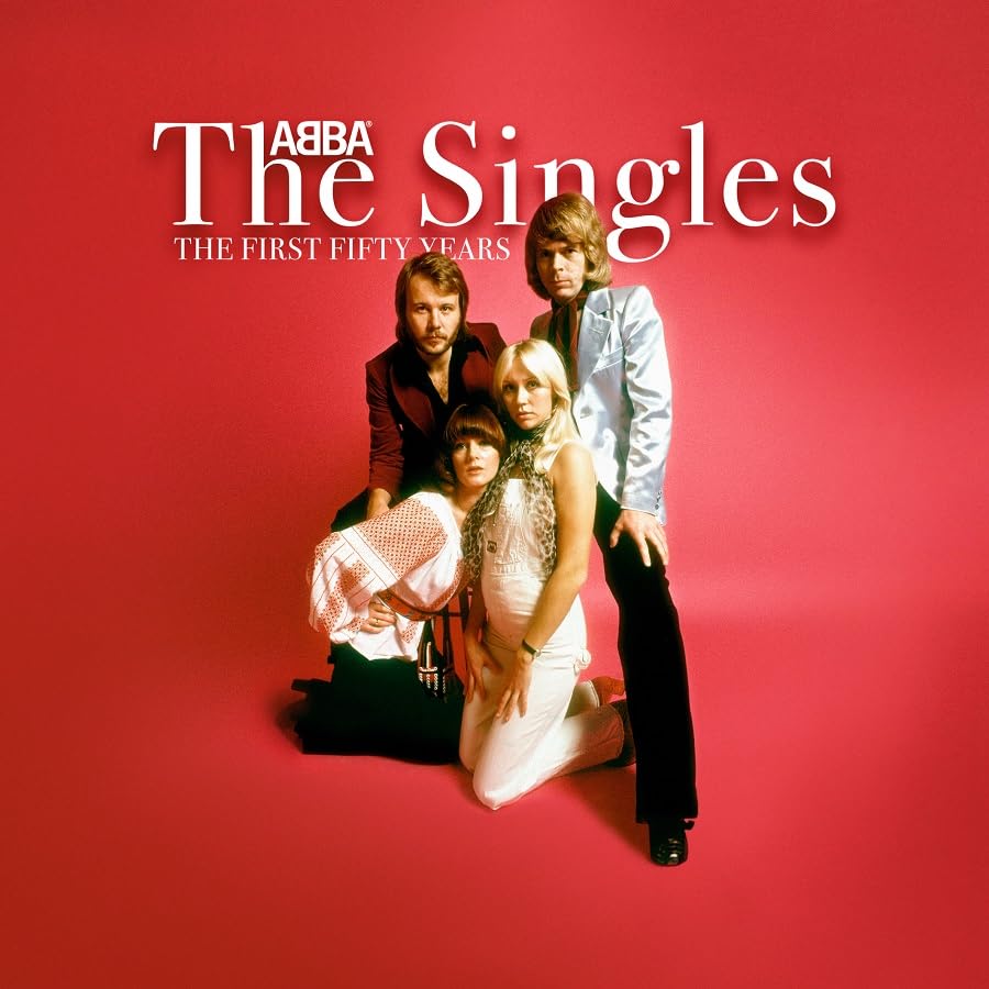 ABBA band portrait on red background, album cover for “The Singles.”