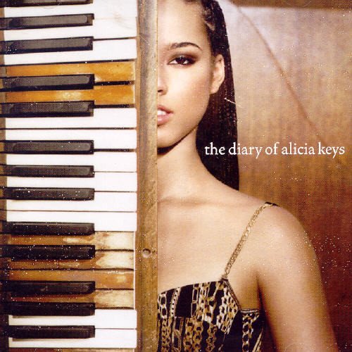 Alicia Keys album cover featuring a piano keyboard and her portrait.