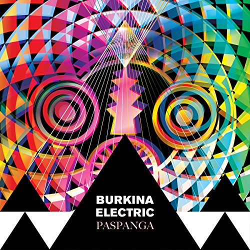 Colorful geometric mask design with "Burkina Electric - PasPanga" text.