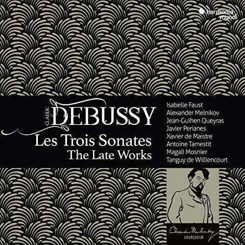 CD cover for Debussy’s “Les Trois Sonates” with a portrait and patterned background.