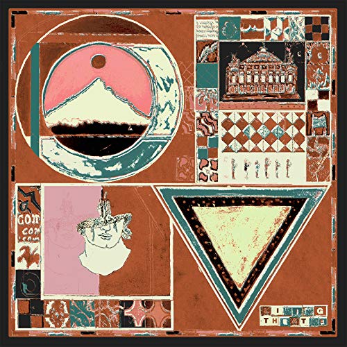 Abstract album cover with geometric shapes, a bust, and architectural details.