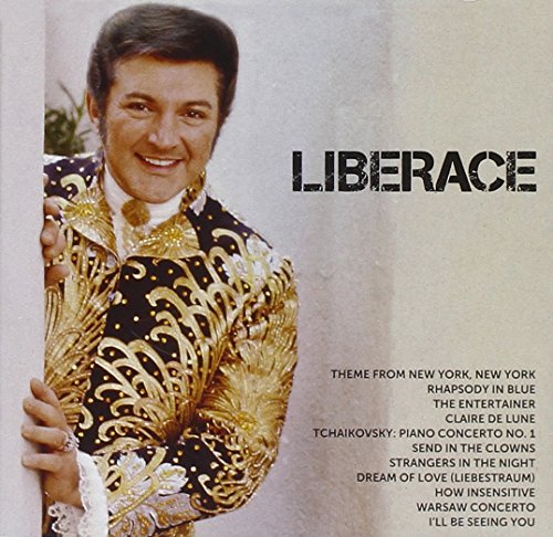 Liberace in a gold jacket, album cover with song list text.
