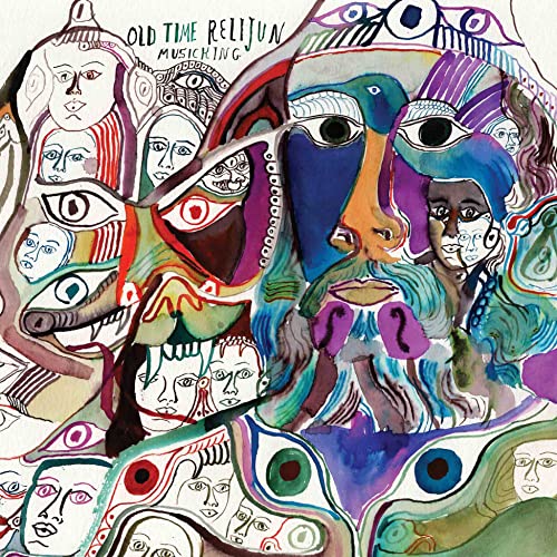 Colorful, abstract watercolor painting of faces and eyes; album cover art.