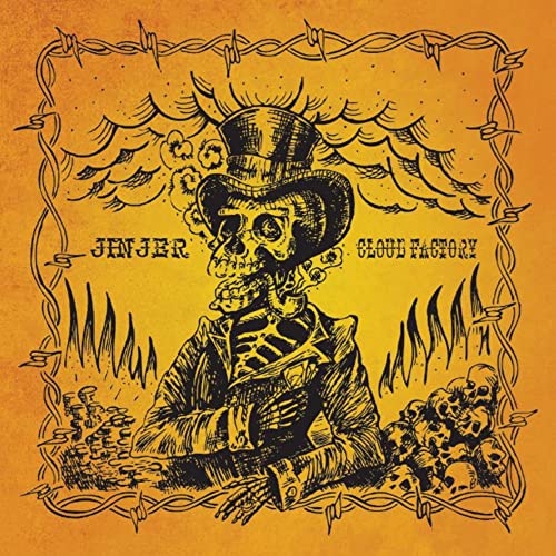 A skeleton in a top hat and suit surrounded by barbed wire and skulls.