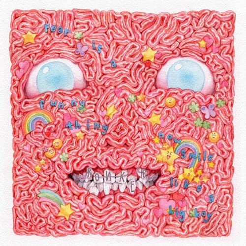CD cover with a textured, red face and colorful illustrated details.