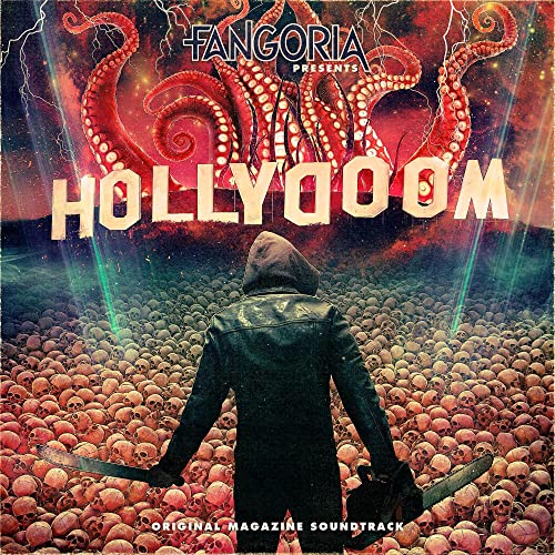 Horror movie soundtrack album cover with tentacles, skulls, and a figure with a knife.