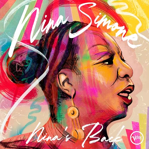 Colorful portrait of Nina Simone with album title “Nina’s Back.”