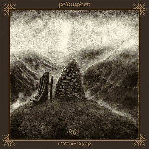 Monochrome album cover depicting a cloaked figure before a stone cairn in mountains.