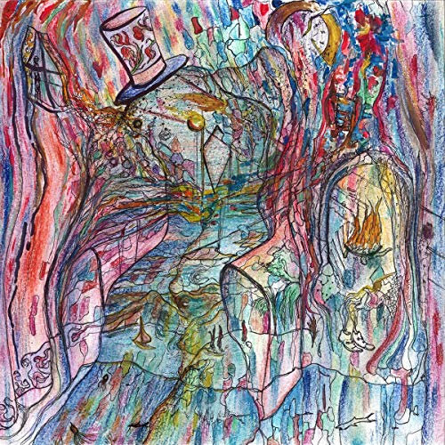 Abstract, colorful painting of a figure with a top hat and clock face.