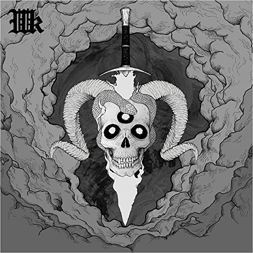 Black and white illustration of a skull with horns and a sword.