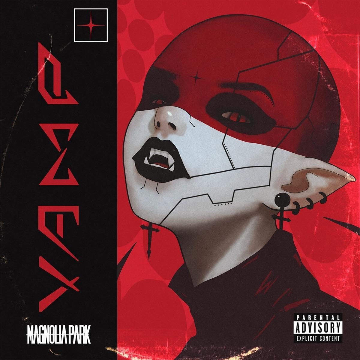 Stylized illustration of a vampire with cybernetic features against a red and black background.