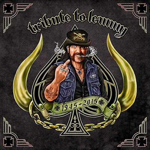 Album cover featuring a caricature of Lemmy inside a spade with gold horns.