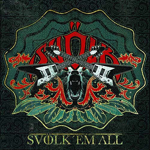 Bear with electric guitars, ornate frame, and band name "Svolk" above.