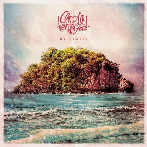 CD cover for “Hybrasil” featuring a lush, rocky island in turquoise water.