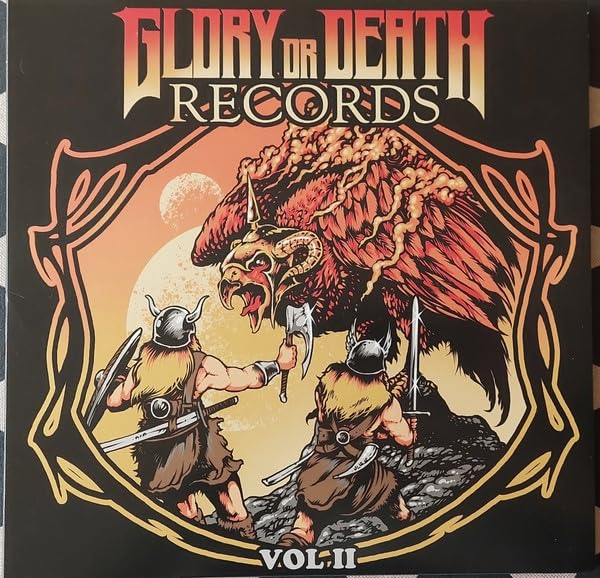 AlbumCGI art of two Vikings fighting a giant red bird, Glory or Death Records.