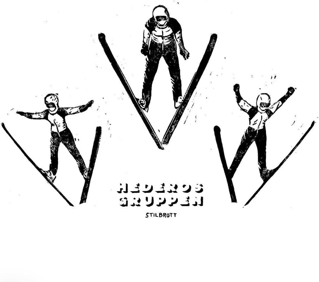 Black and white illustration of three skiers in mid-air, vinyl record artwork.