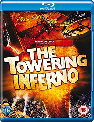 Blu-ray cover art for The Towering Inferno featuring a burning skyscraper and rescue helicopters.