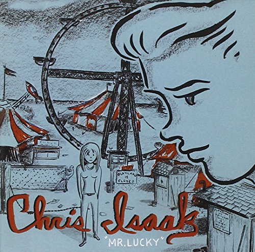 Chris Isaak “Mr. Lucky” CD cover: sketch of a carnival and face.